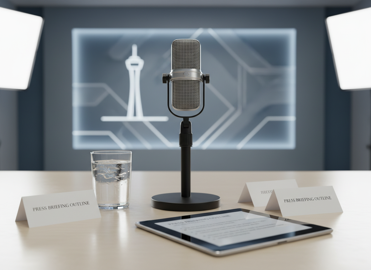 An elegant microphone on a sturdy black stand positioned on a smooth, neutral-colored tabletop, surrounded by neatly arranged cue cards, a glass of water, and a tablet with a press briefing outline. Behind, a blurred backdrop suggests a professional media room with subtle hints of San Antonio imagery, like a stylized outline of the Tower of the Americas on a distant wall. Soft studio lighting from two sides creates gentle highlights along the metallic microphone grille and soft shadows underneath, making the scene feel composed, calm, and media-ready. Photographic realism, centered composition, ideal for illustrating media coaching and publicity services.