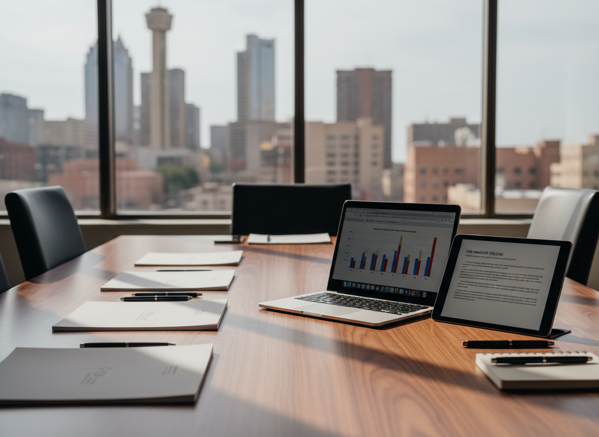 A polished walnut conference table covered with neatly arranged marketing materials: crisp folders, a sleek silver laptop displaying analytic graphs, and a tablet showing a press release draft. Subtle hints of San Antonio appear outside large windows as blurred skyline silhouettes and warm-toned buildings. Soft, diffused daylight flows in, highlighting the smooth wood grain and metallic finishes, casting gentle, professional shadows. Photographic realism, shot from a slightly elevated angle with a shallow depth of field, keeping the table in sharp focus while the background softly recedes, creating a calm, organized, and strategic atmosphere suitable for a public relations firm homepage hero image.