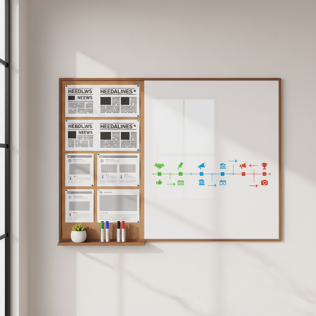 A large corkboard and whiteboard combination mounted on a clean office wall, covered with pinned mock newspaper headlines, printed social media post layouts, and a color-coded PR campaign timeline for local San Antonio businesses. Discreet icons and symbols stand in for any text. A narrow shelf beneath holds tidy marker sets and a small potted plant. Natural daylight from a nearby window bathes the board in even, bright light, causing soft reflections on the whiteboard surface while leaving the cork textured and warm. Photographic realism, captured straight on, emphasizing clarity, planning, and structured public relations strategy.