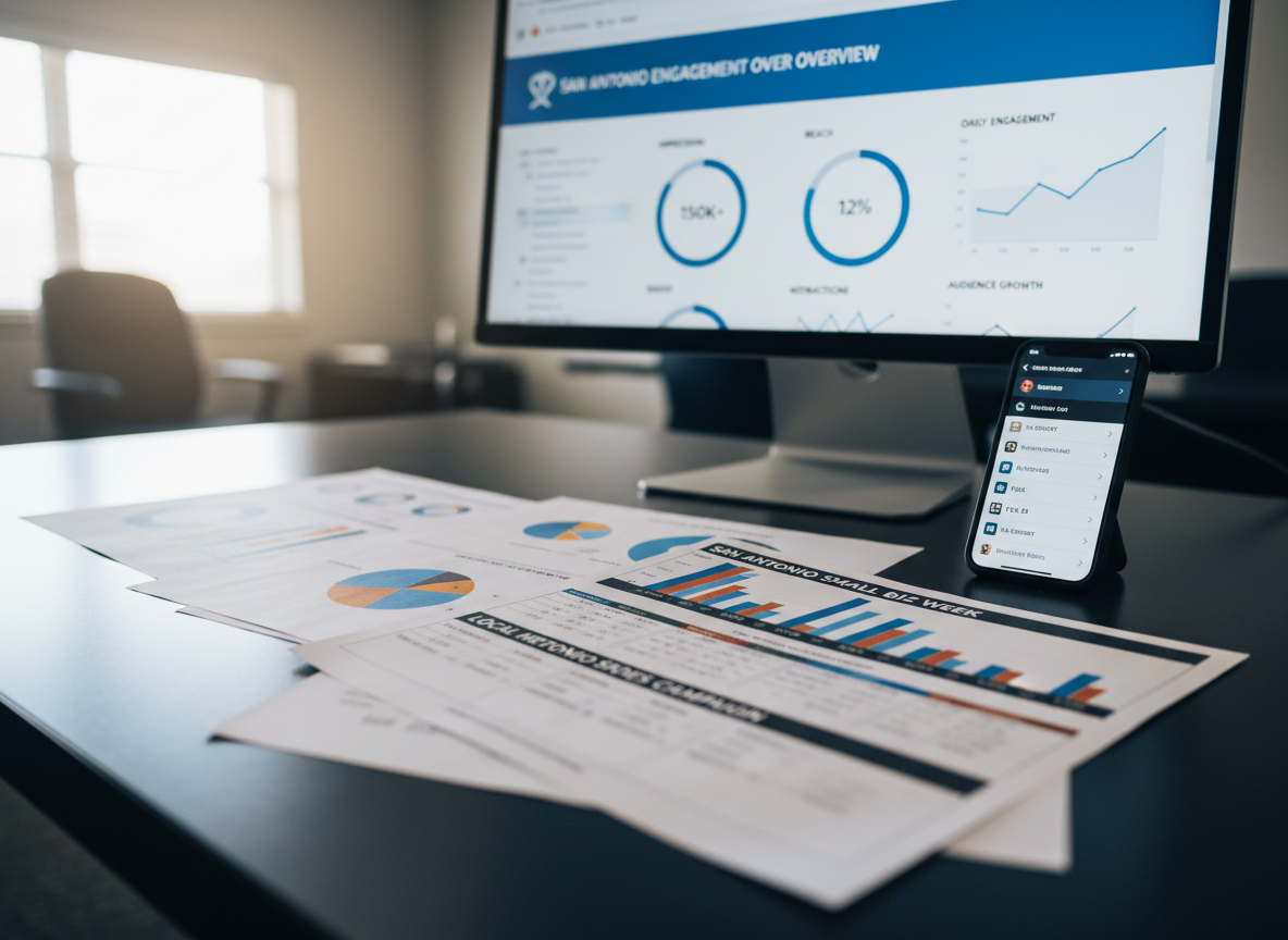 A close-up of a meticulously arranged media strategy workspace: a dark matte desk surface with color-coded charts, a printed editorial calendar, and a smartphone displaying notifications from news outlets. A large computer monitor in the background shows a clean dashboard of social media metrics and engagement graphs. Soft, cool office lighting from an overhead source mixes with faint natural daylight from an unseen window, creating a balanced, focused glow. Photographic realism, shot from a low, side angle with selective focus on the analytics, conveying professionalism, precision, and data-driven public relations work for San Antonio small businesses.
