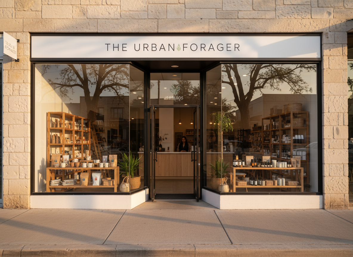 A modern, glass-walled small business storefront on a sunlit San Antonio street, branded with clean, minimalist signage and tasteful window displays of products. Reflections of nearby trees and low-rise Texas architecture shimmer on the glass. The interior appears tidy and inviting, with organized shelving and a visible customer service counter. Captured in warm late-afternoon light that creates long, soft-edged shadows on the sidewalk and emphasizes the welcoming façade. Photographic realism, eye-level composition using the rule of thirds, conveying growth, credibility, and local presence, ideal for illustrating successful PR and marketing support for neighborhood businesses.